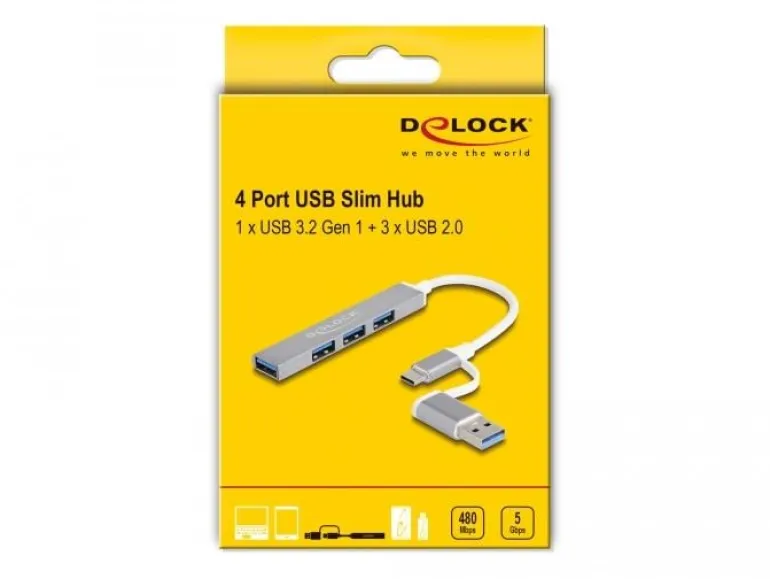 Delock USB-Hub USB – C / USB – A zu 3x USB 2.0 + 1x USB 5 Gbps