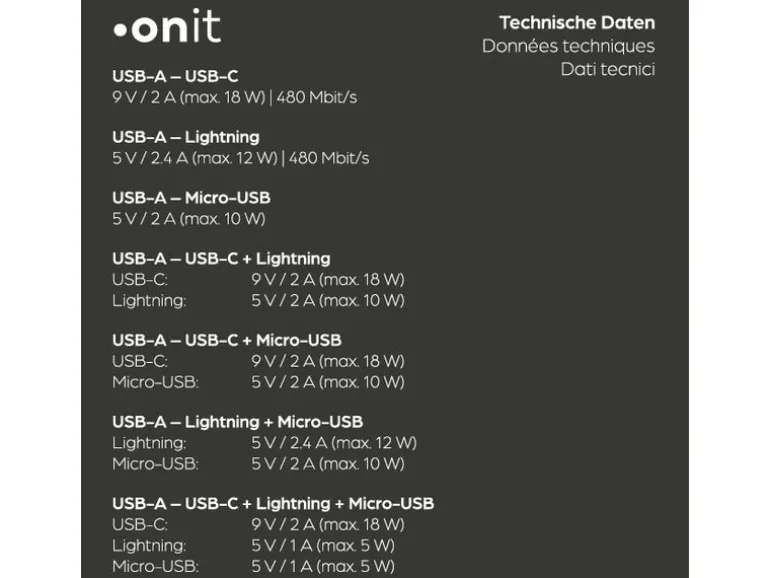 onit USB 2.0-Kabel USB-A/USB-C - Lightning/USB-C/Micro-USB B