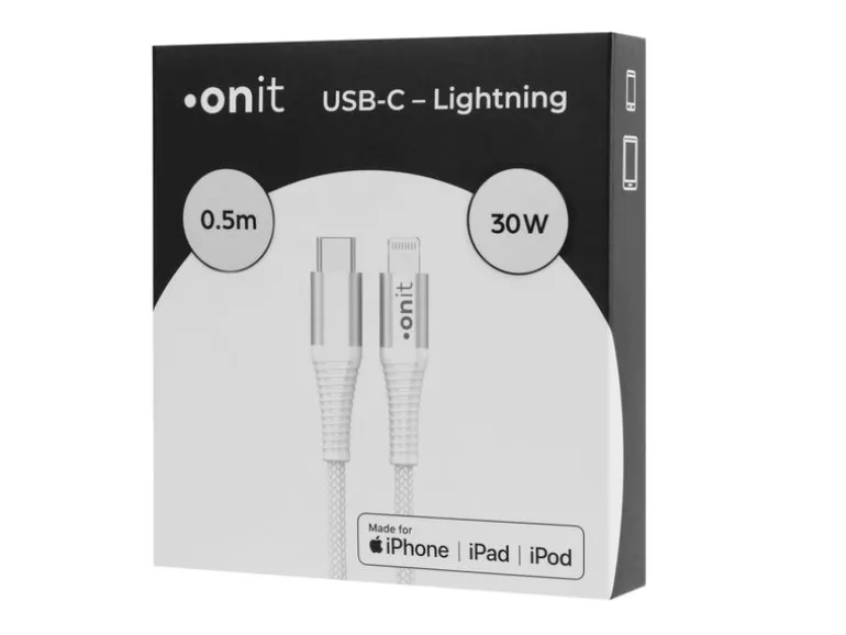 onit USB 2.0-Kabel 30 W, MFi, USB-C - Lightning, 0.5 m, Weiss