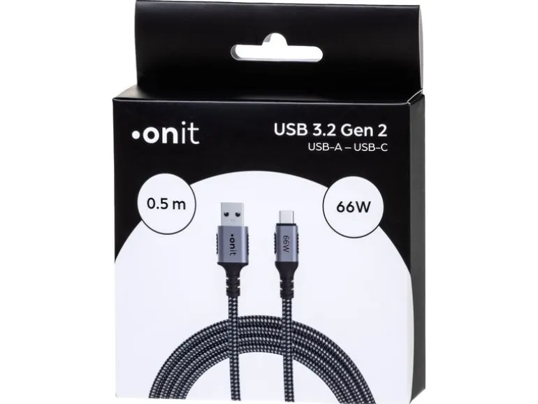 onit USB 3.1-Kabel 66 W, USB-A - USB-C, 0.5 m, Schwarz/Grau
