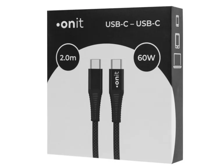 onit USB 3.0-Kabel 60 W, USB-C - USB-C, 2 m, Schwarz