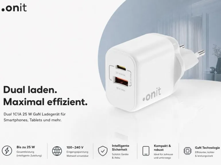 onit USB-Wandladegerät Dual 1C1A 25 W GaN Weiss