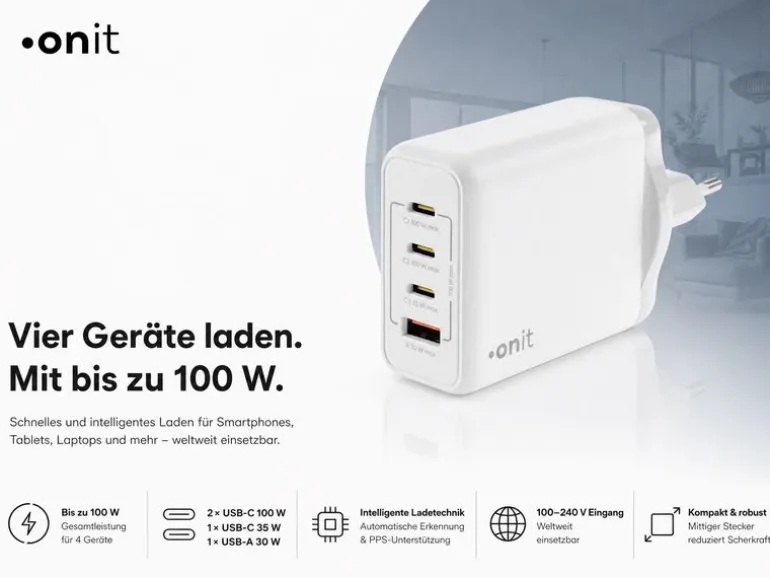 onit USB-Wandladegerät Quad 3C1A 100 W GaN Weiss