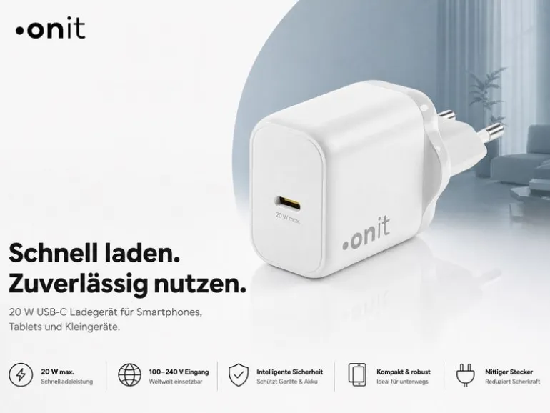 onit USB-Wandladegerät Single 1C 20 W GaN Weiss