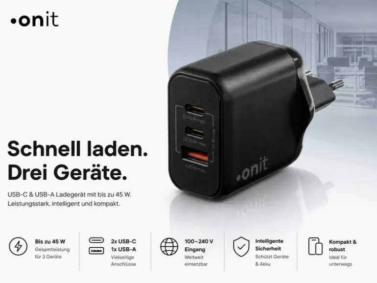 onit USB-Wandladegerät Triple 2C1A 45 W GaN Schwarz